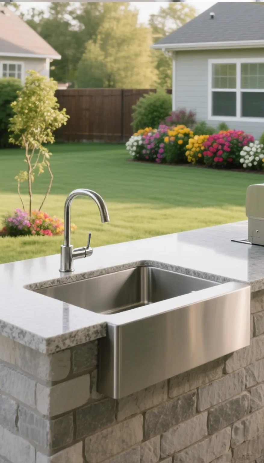 Minimalist black kitchen island with rectangular stainless steel sink, silver faucet, bright windows, white walls, and small plant decoration